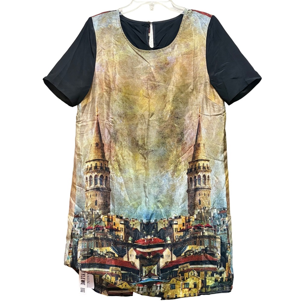 Elenyun Stylewe 100%Silk Mini Dress XL Black Architectural Galata Tower Print